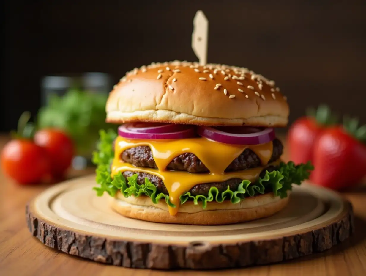 This image showcases a delicious, gourmet cheeseburger served on a wooden board...