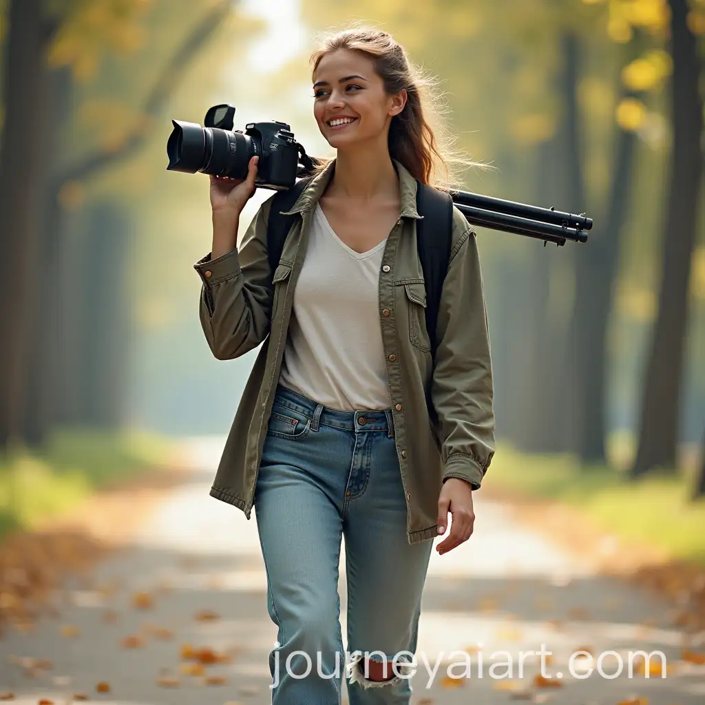 Young-Woman-Walking-with-Camera-and-Tripod