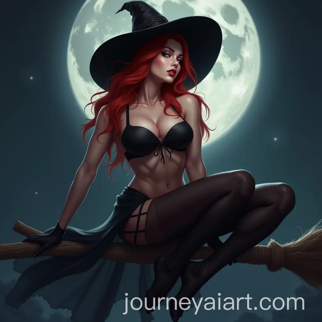 RedHaired-Witch-Flying-on-Broom-with-Full-Moon-Background