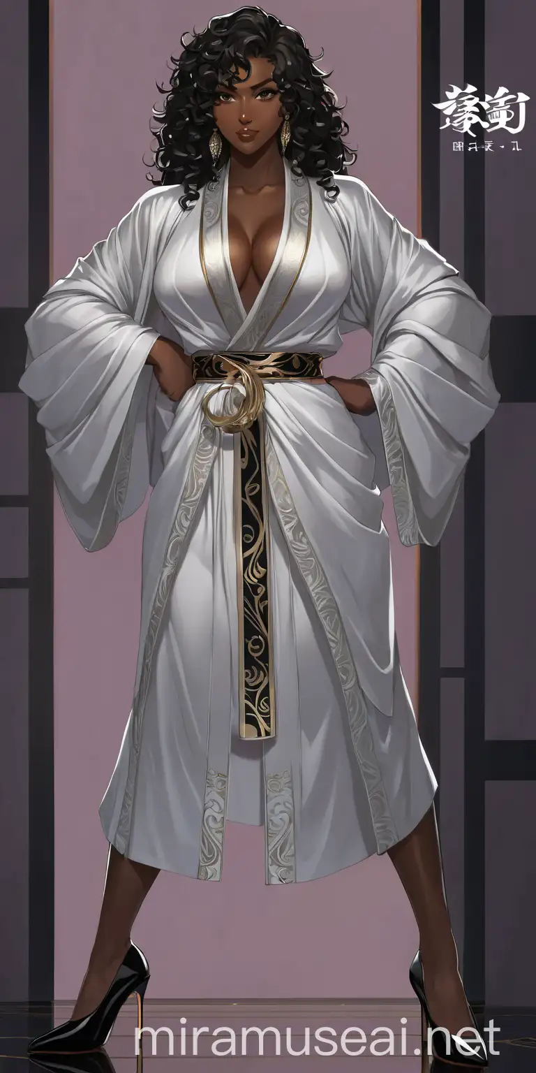 Confident Anime Character in Luxurious White Robe and High Heels