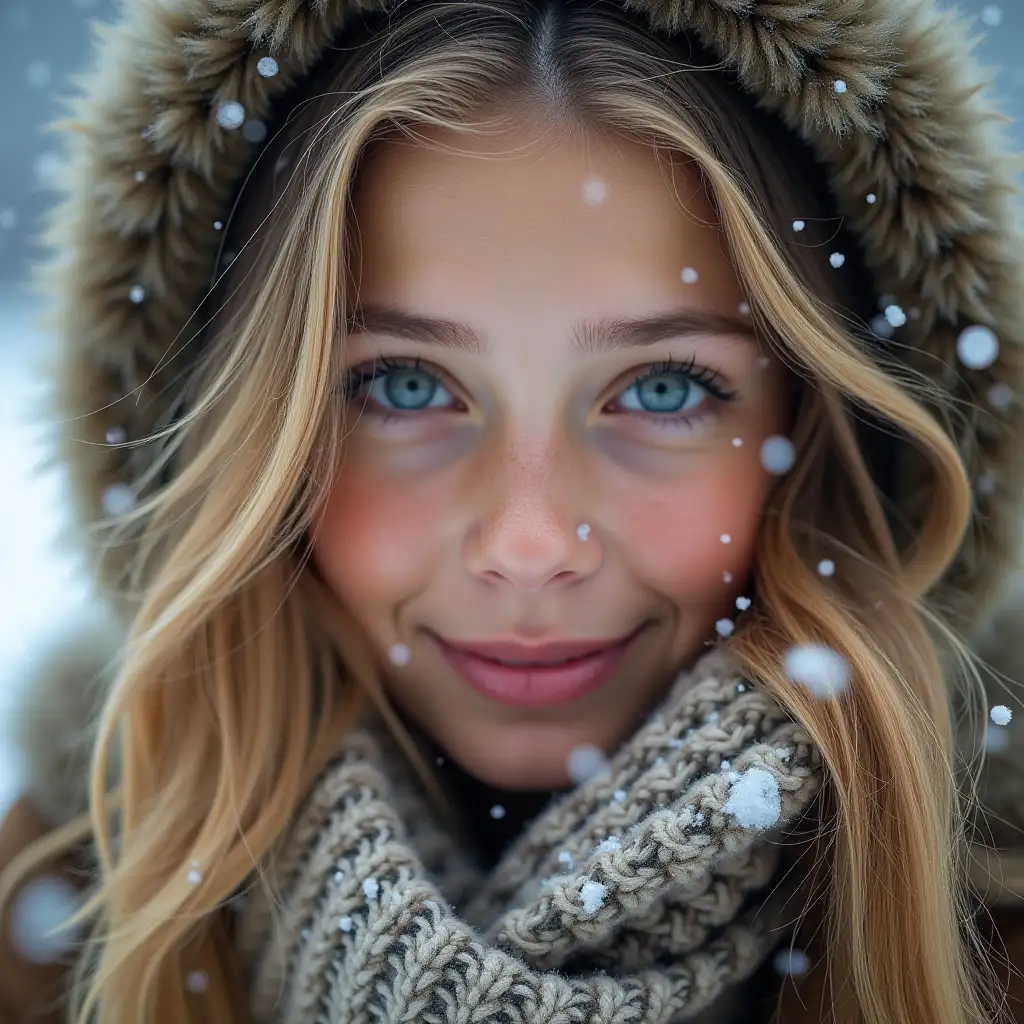 Blonde-Girl-Smiling-in-Snowstorm-with-Green-Eyes-and-Warm-Furs