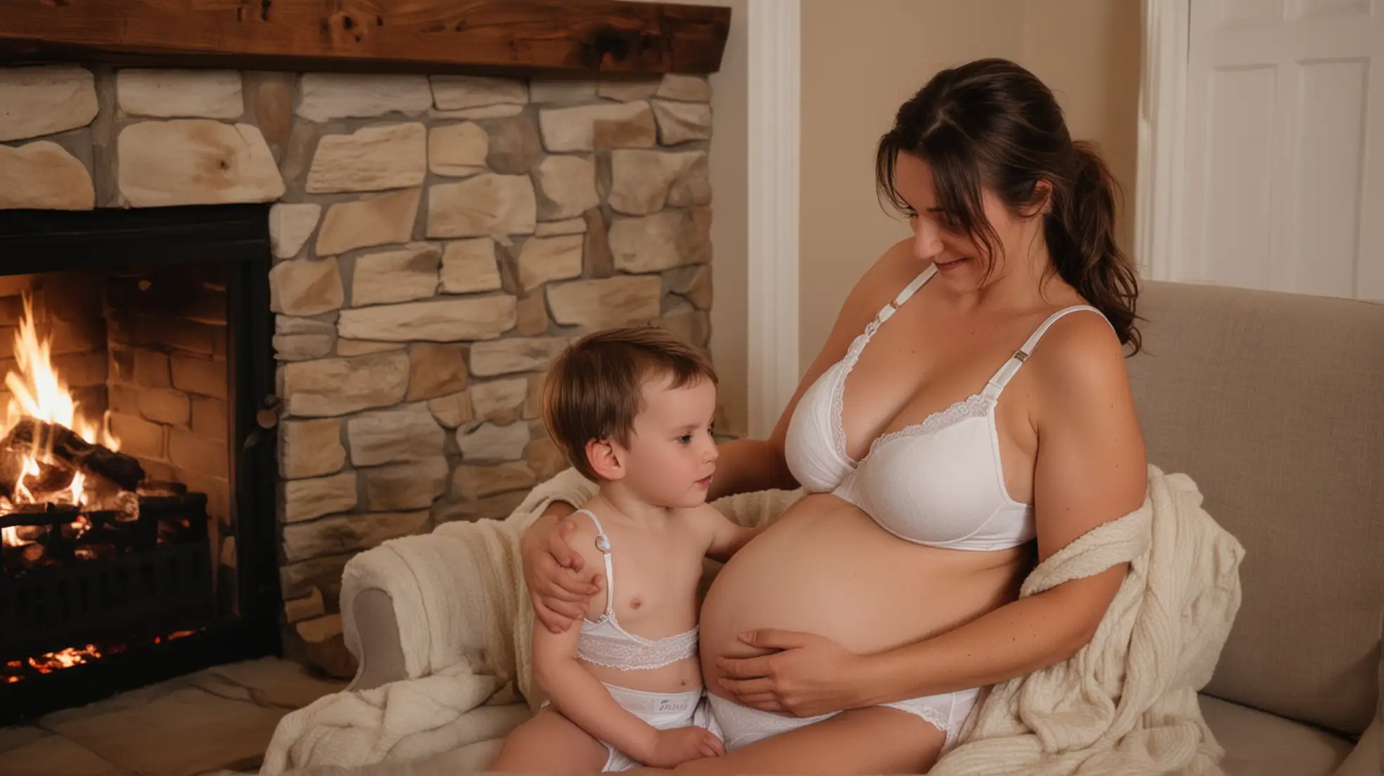 pregnant mother wear white nursing bra breastfeeds older boy in front of cozy fireplace