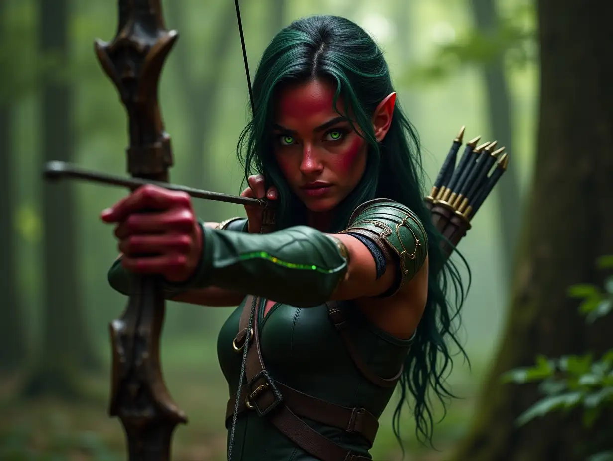 Tiefling Ranger Aiming Bow in Forest Scene