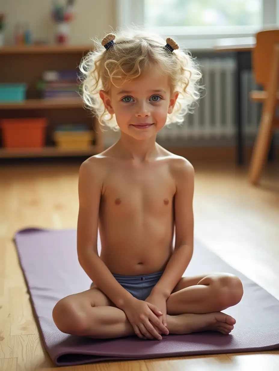 Skinny-Little-Girl-with-Blue-Eyes-Sitting-on-Yoga-Mat-in-Bright-Classroom