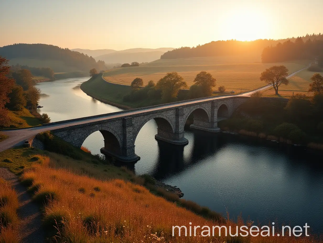 Serene Stone Bridge over Quiet River in Rural Landscape