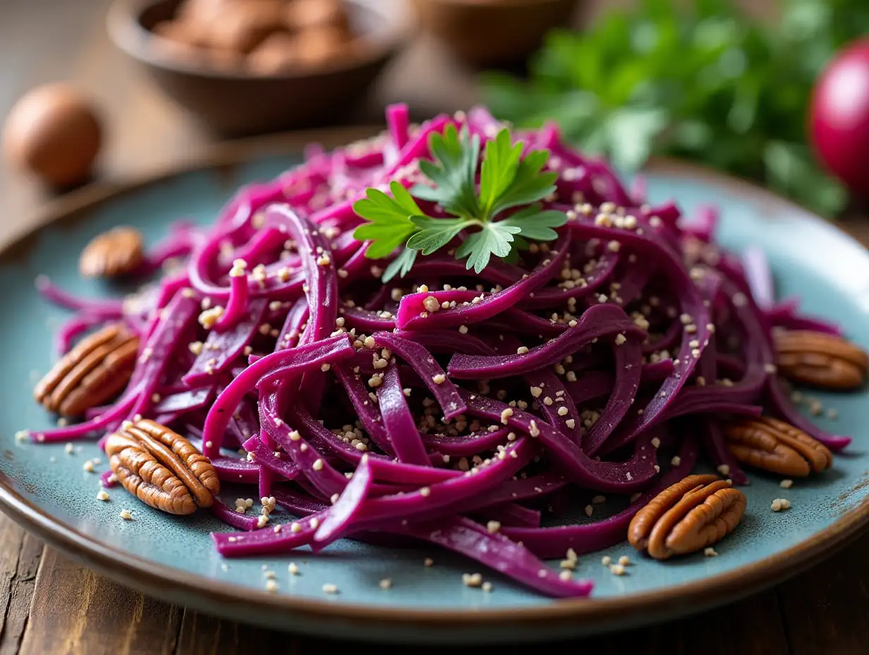 Festive-Red-Cabbage-Salad-with-Pecans-and-Parsley-on-Wooden-Table