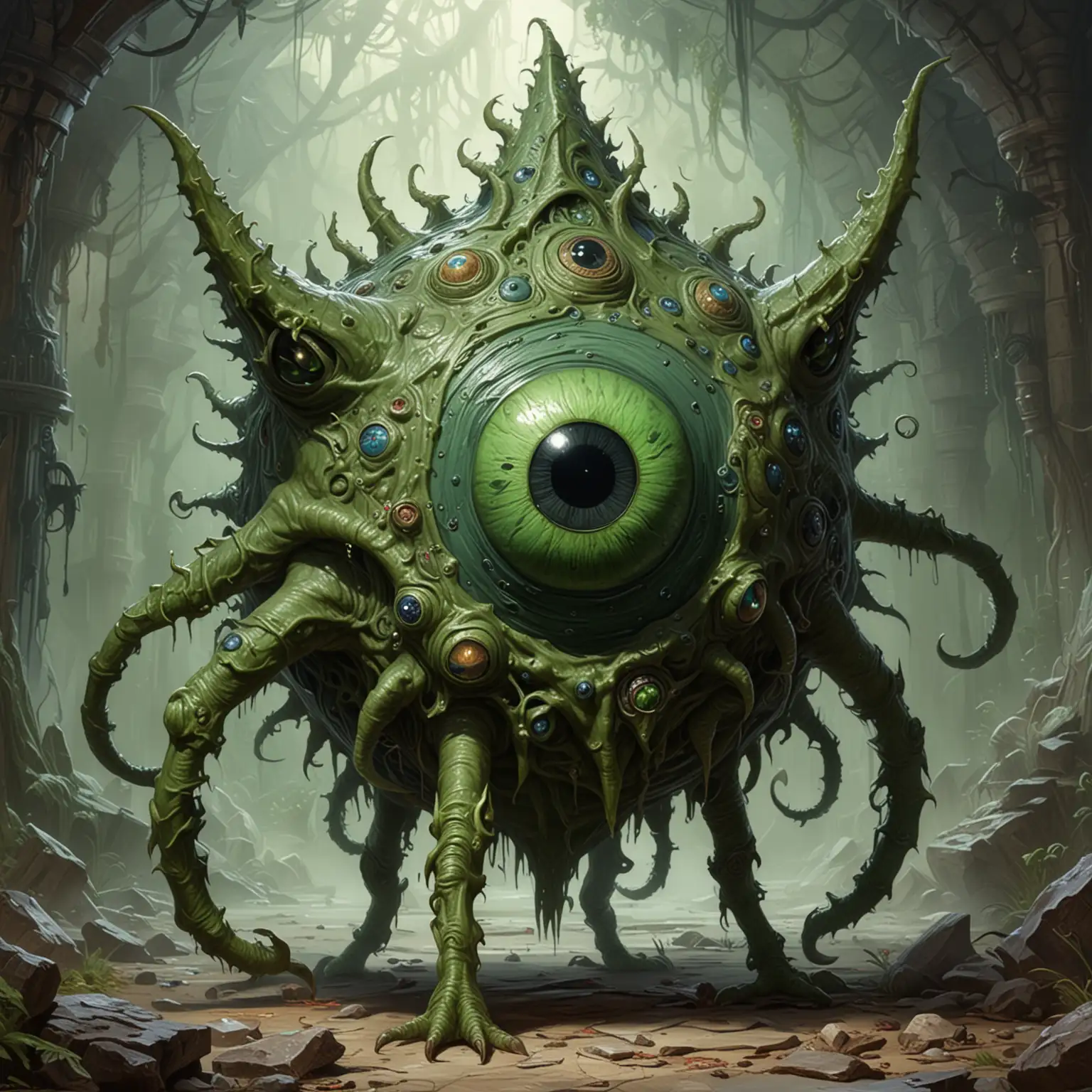 Fantasy Painting of a Beholder with Green Skin and Eight Legs