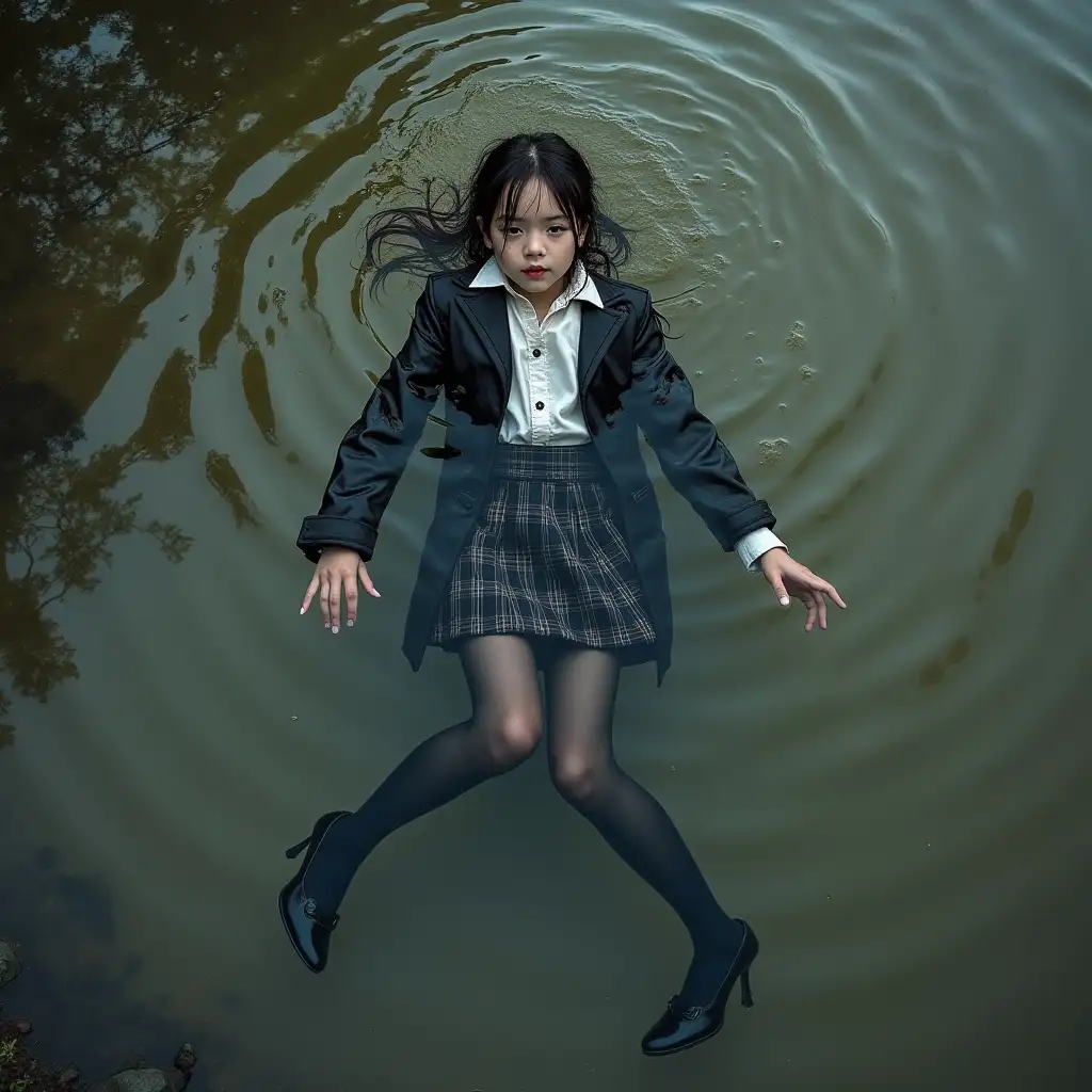 A young schoolgirl in a school uniform, in a skirt, jacket, blouse, dark tights, high-heeled shoes. She is swimming in a dirty pond, lying underwater, all her clothes are completely wet, wet clothes stick to her body, the whole body is underwater, submerged in water, under the surface of the water, below the water's edge.