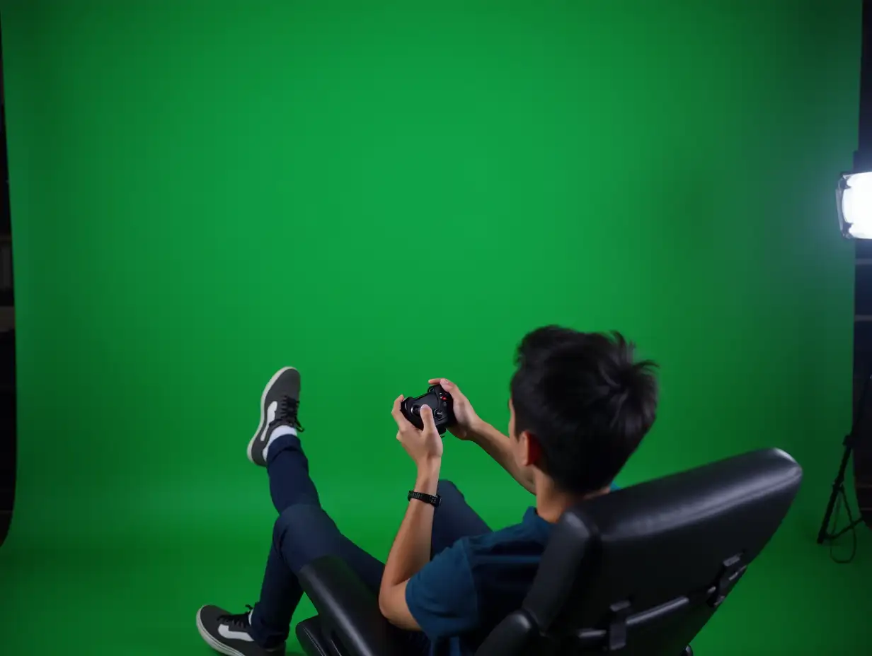 Asian man using joystick for gameplay, sitting on chair against greenscreen backdrop in studio. Young adult enjoying online gaming challenge with friends, gamer playing video games.