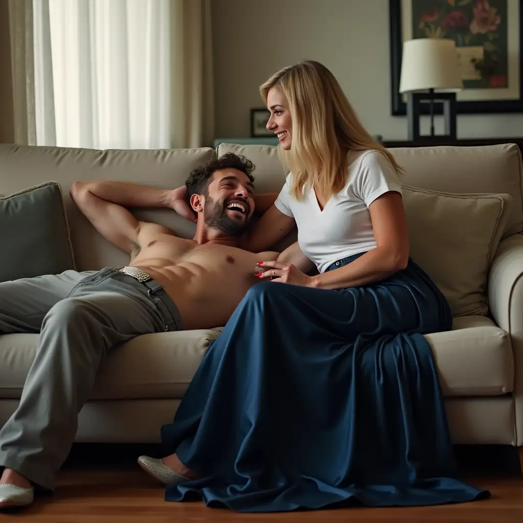 Caucasian-Man-Laughing-with-Blonde-Woman-in-Hotel-Room