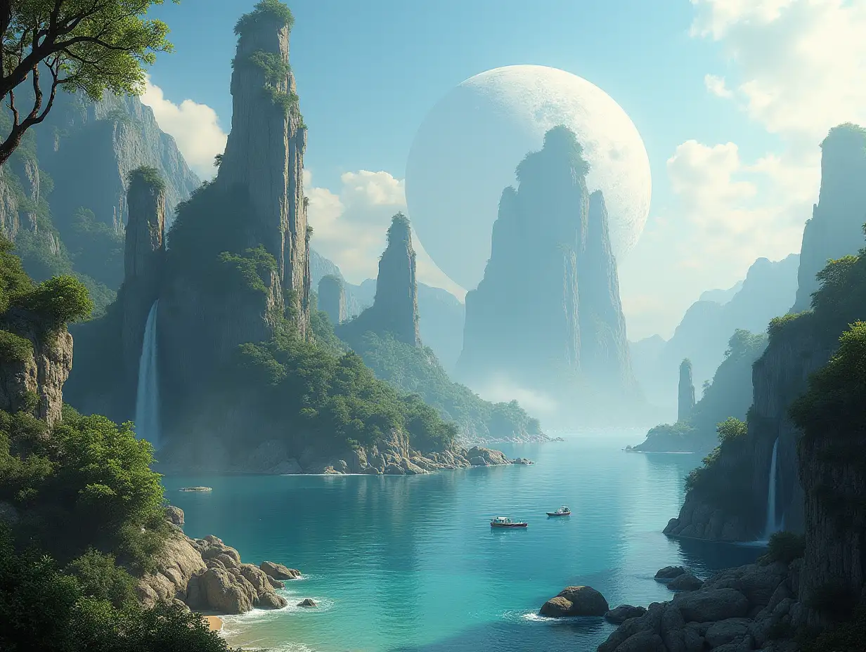 Create for me a photorealistic image of Paradise on another planet with towers, sea and waterfalls