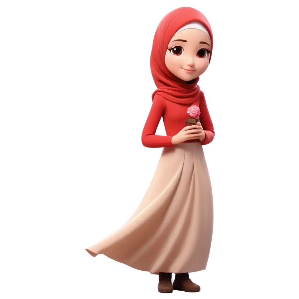 PNG-Image-of-8YearOld-Girl-in-Cream-Colored-Hijab-and-Red-Dress-with-Flower-Motif-Asian-Beautiful-and-Sweet-Character-Design