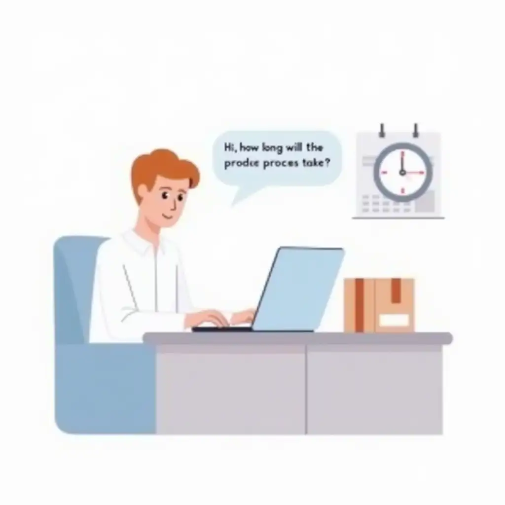 A clean, modern illustration of a person sitting at a desk, typing on a laptop. On the laptop screen, a chat interface shows a message bubble that reads: u201cHi, how long will the product processing take?u201d The person looks focused and professional, with light business-casual attire. Include subtle business elements like a shipping box, clock, or calendar nearby to hint at time and logistics. Style: flat vector, soft color tones, high-resolution PNG with transparent background