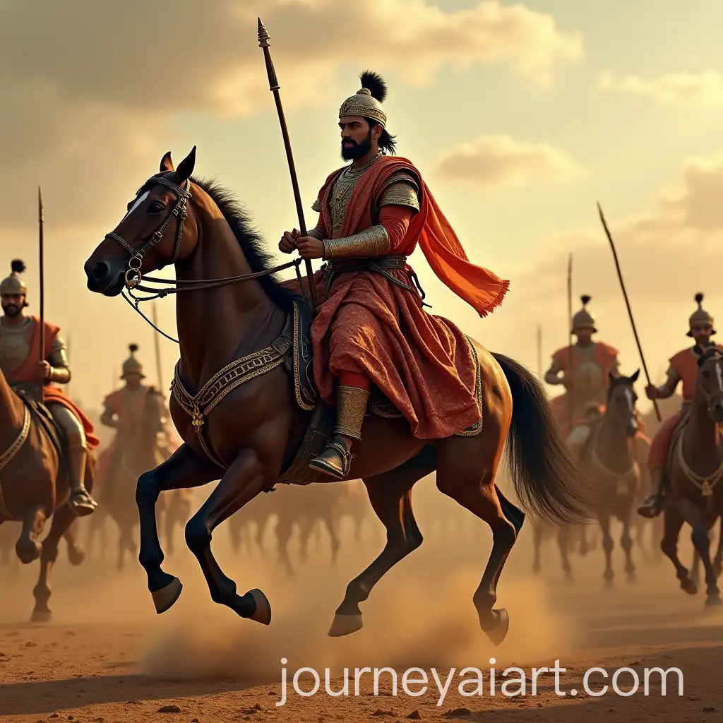 Emperor-Ashoka-Riding-Horse-Surrounded-by-Enemies-in-Battle-Scene