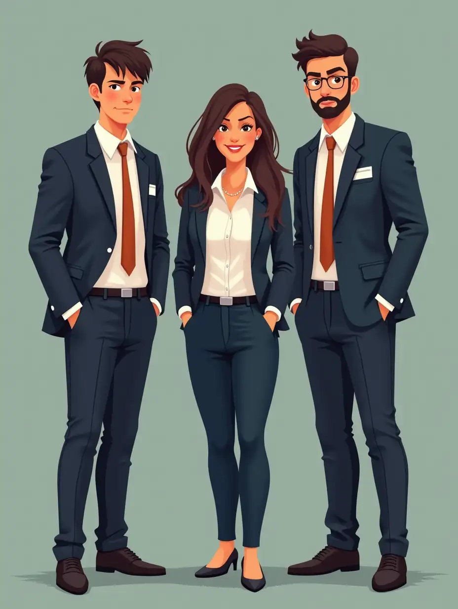 give me 3 young Brazilian male and female administrative assistants, stand side by side without frowning