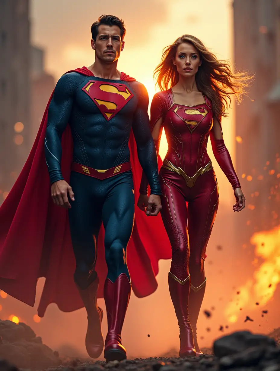 Beautiful and bold - a man and a woman in superhero costumes, a comic-style image, the movements of the characters in dynamics, the background is epic, spectacular appearance, a driving storyline, excellent quality