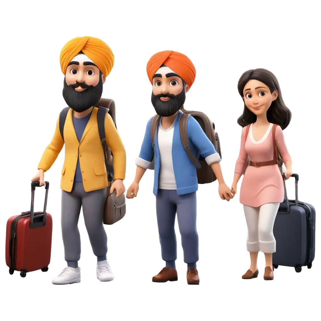 3D-Sikh-Family-with-Travel-Bags-PNG-Image-Vibrant-Digital-Representation