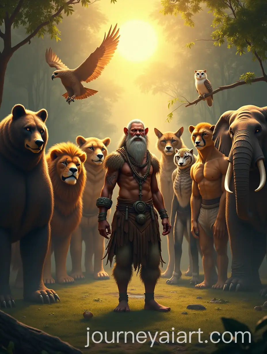 Anthropomorphic-Jungle-Council-at-Sunrise-with-Legendary-Animal-Characters