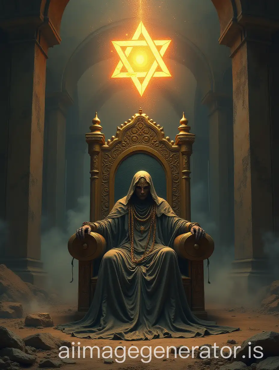 AI-Art-Prompt-ExpansionJinn-Kings-Throne-Surrounded-by-Servants-in-Abandoned-Village-with-Star-of-David-Above