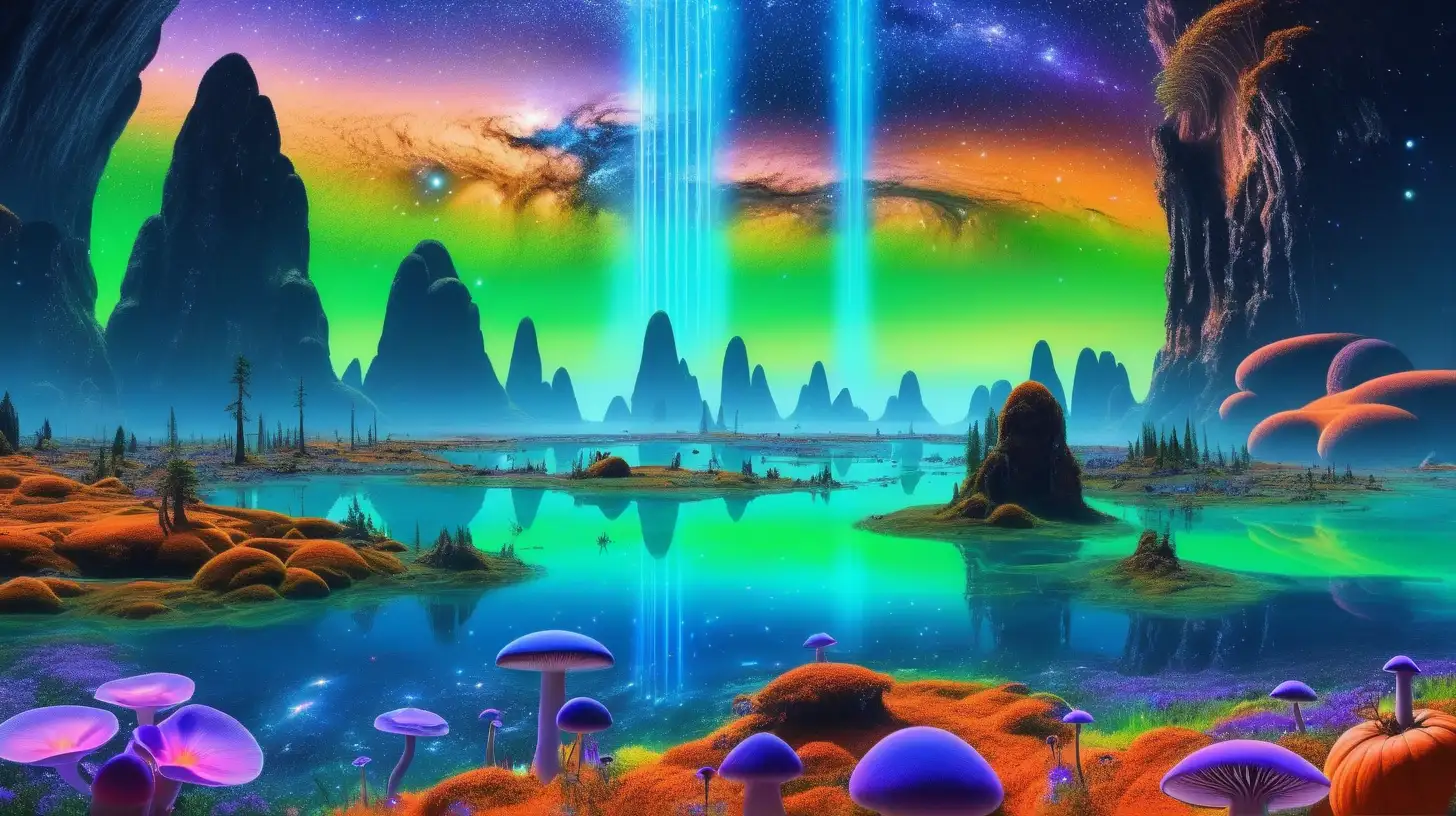 Magical Land with NeonGreen Mushrooms and Purple Pumpkins