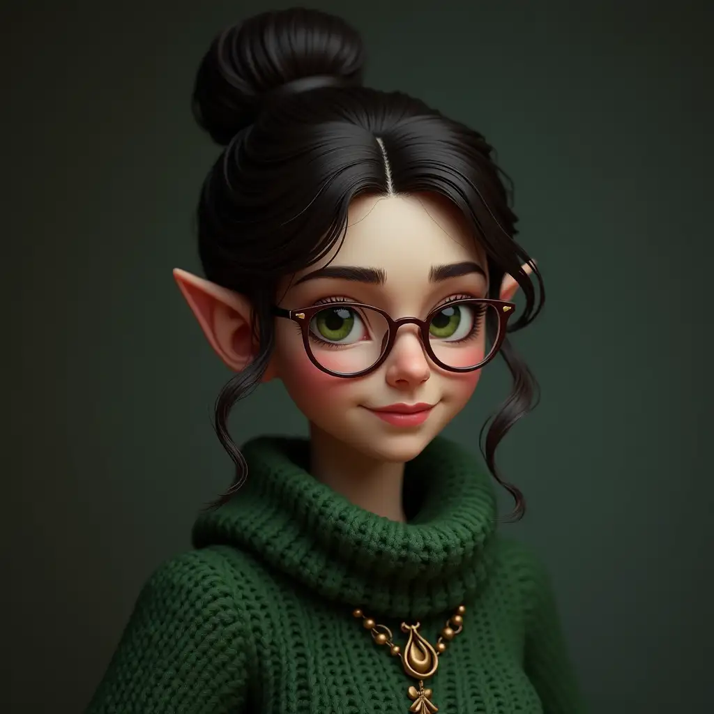 rendering, photo portrait, 3d, photorealism Tabletop role-playing game dungeons and dragons, dark middle ages, girl with dark hair, hair in a bun, green knitted sweater, green eyes, glasses, modest, self-confident, monk