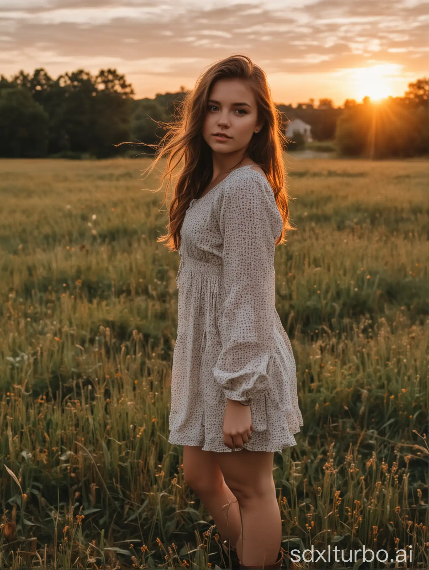 A pretty girl stands in a field at sunset
