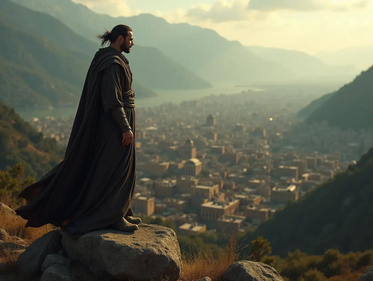 A stoic philosopher standing atop a mountain, looking down at a sprawling ancient city below, the wind stirring his robes. A high-contrast cinematic image, radiating a sense of cinematic realism.