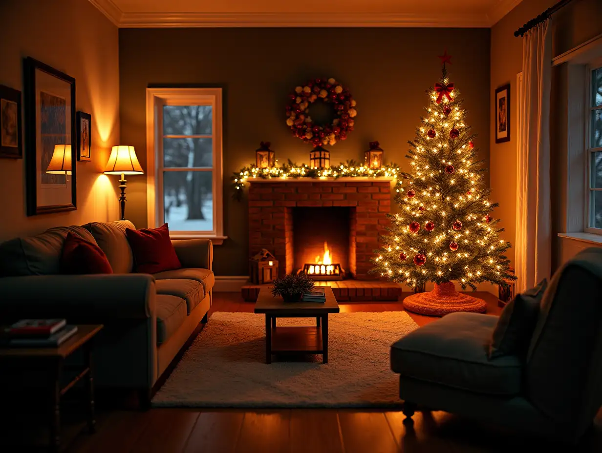 Warm and inviting living room with a decorated Christmas tree, fireplace, and glowing lights, perfect for a cozy holiday evening. Christmas comfort concept.