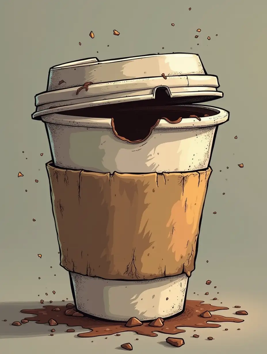 i want cartoonish figure like a coffee cup with a cracked lid, emphasizing the chaos,