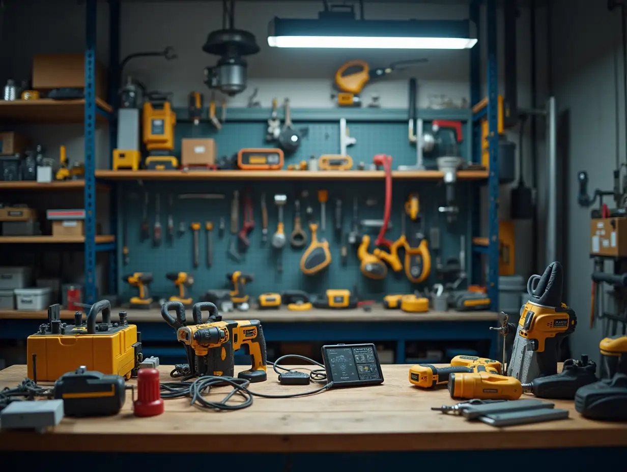 Electrical workshop, tools on shelves, straight angle, wide format, bright lighting, high sharpness