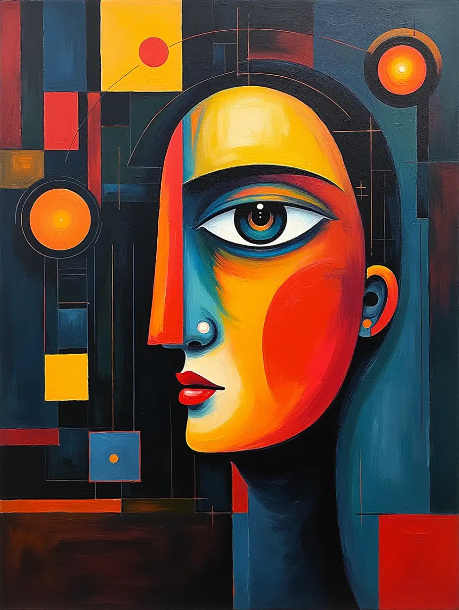 A picture in a checkered pattern, stripe, primitive schematically, minimalism, avant-garde, face, portrait, enormous hovering eye, shadow, plasma, darkness in the style of Kandinsky, Malevich, minimize for beginner artist acrylic many colors, constructivism abstract