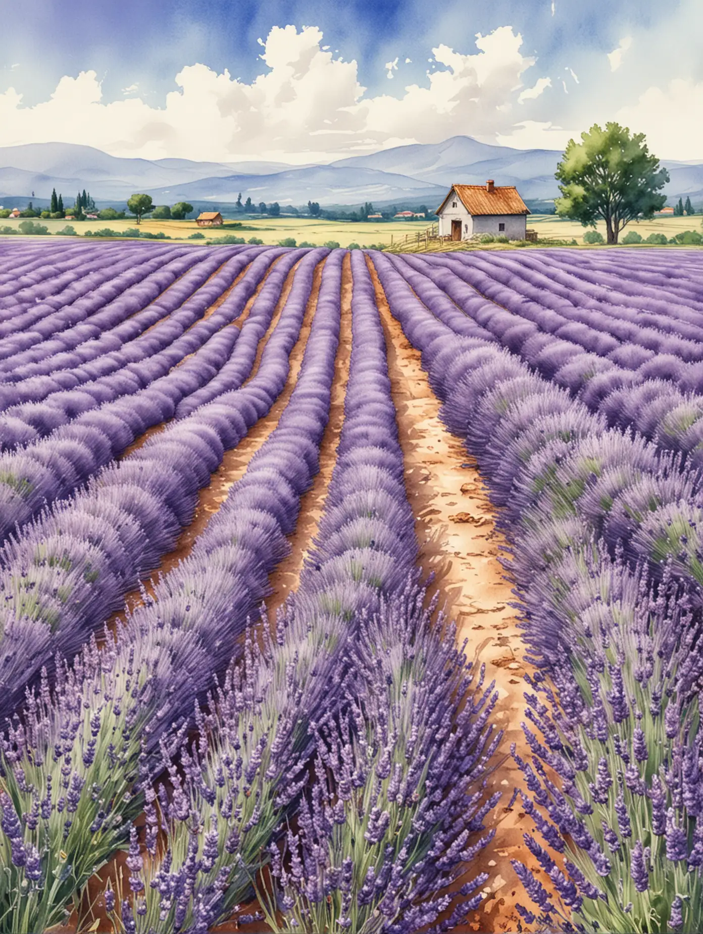 Lavender-Field-in-Watercolor-with-Detailed-Sketch