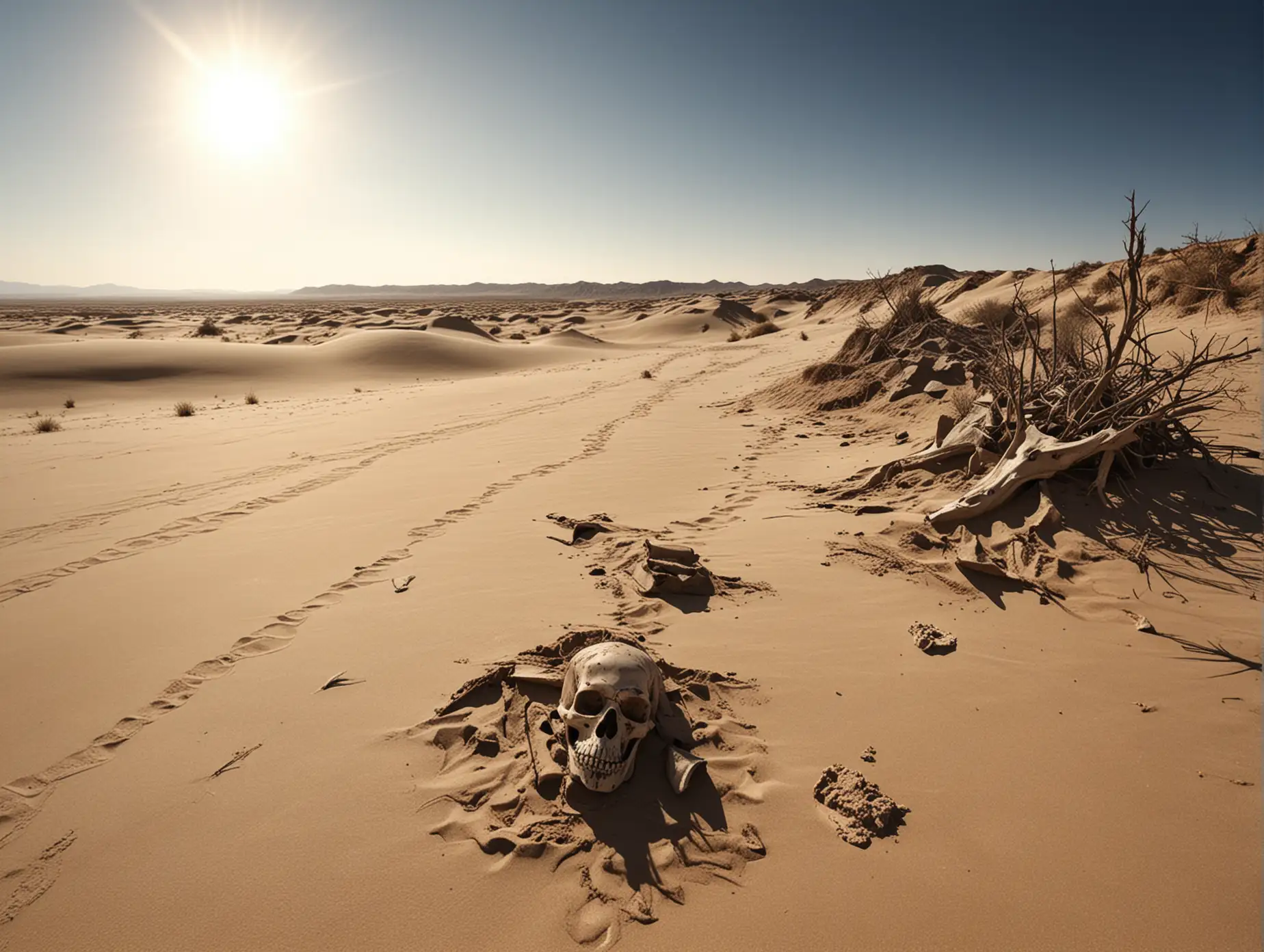 Desert-Solitude-Sunlit-Sand-Dunes-and-a-Tattered-Skeleton