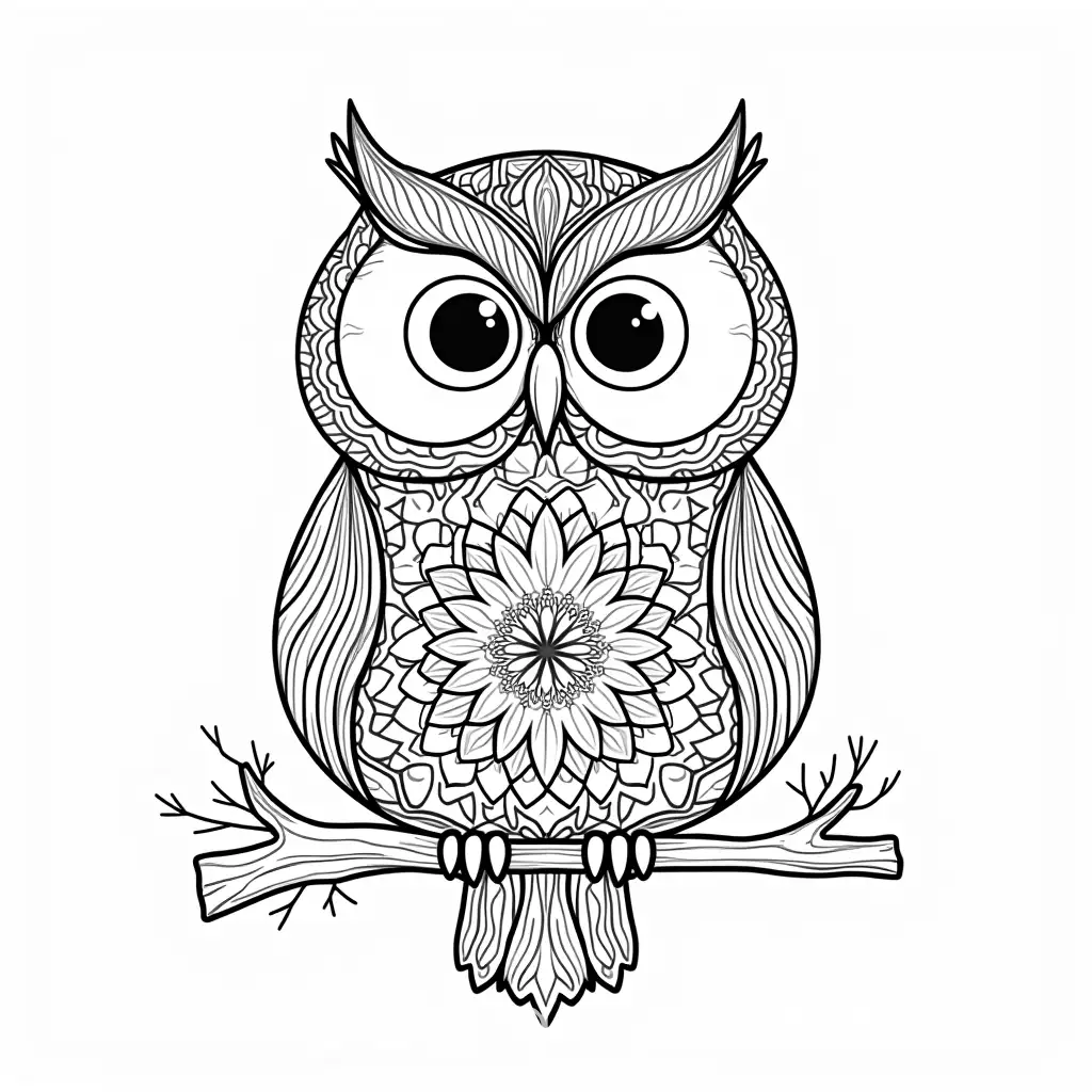 Black and white coloring for adults. On a white background there is a cute owl among on a branch. The whole body of the owl is covered with mandala-style patterns - floral and geometric elements that create a harmonious design. The patterns are maximally symmetrical, emphasize balance and aesthetics. The lines are clear and thin, suitable for coloring. The overall style is elegant and relaxing, ideal for anti-stress coloring.