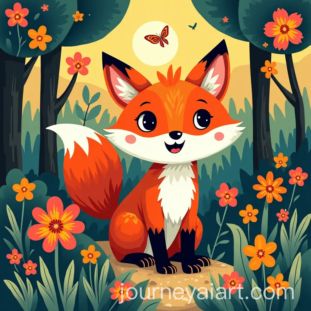Whimsical-Fox-Illustration-in-Vibrant-Forest-Setting