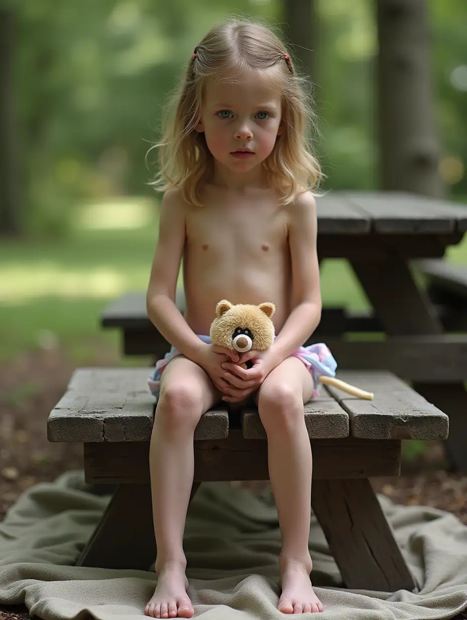 Skinny-Little-Girl-with-Stuffed-Animal-Sitting-by-Picnic-Table