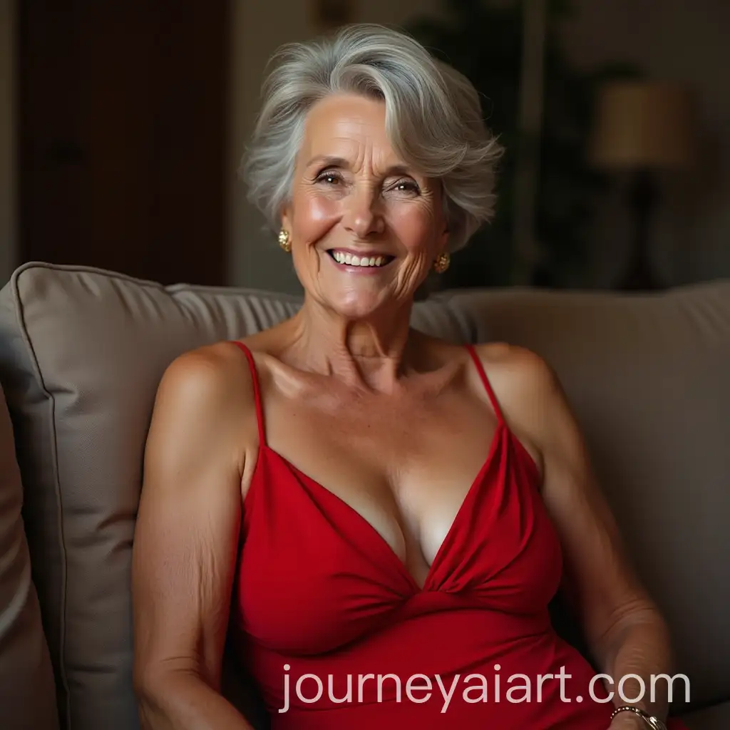 Elegant-65YearOld-Woman-in-Red-Dress-with-Short-Gray-Hair-Smiling-on-Couch