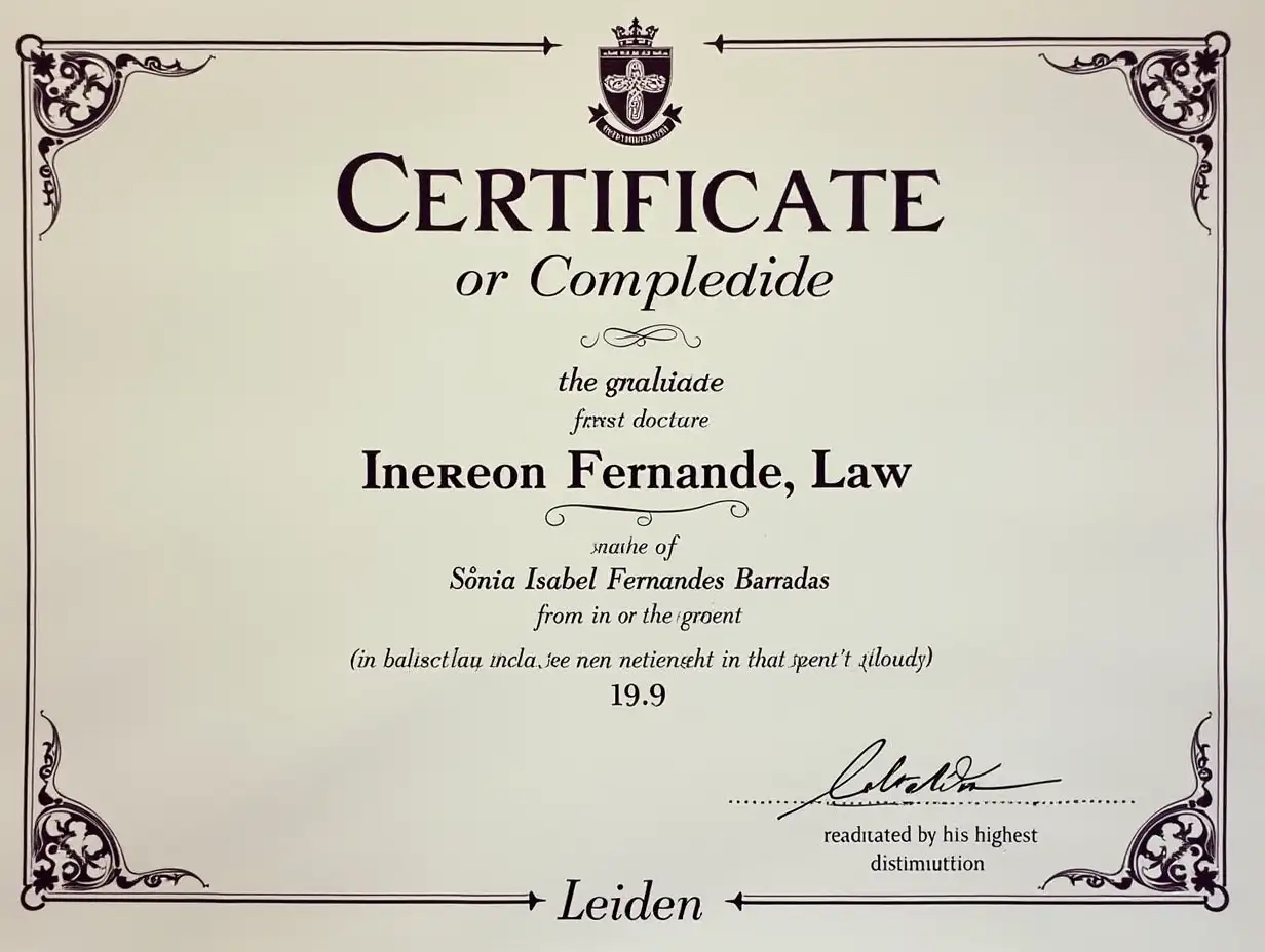 Creates an academic certificate of completion for the course of International Law from the University of Leiden, where the name of the recent doctorate is Sónia Isabel Fernandes Barradas, the final grade was 19.9 values, and with the information that she graduated with the highest distinction