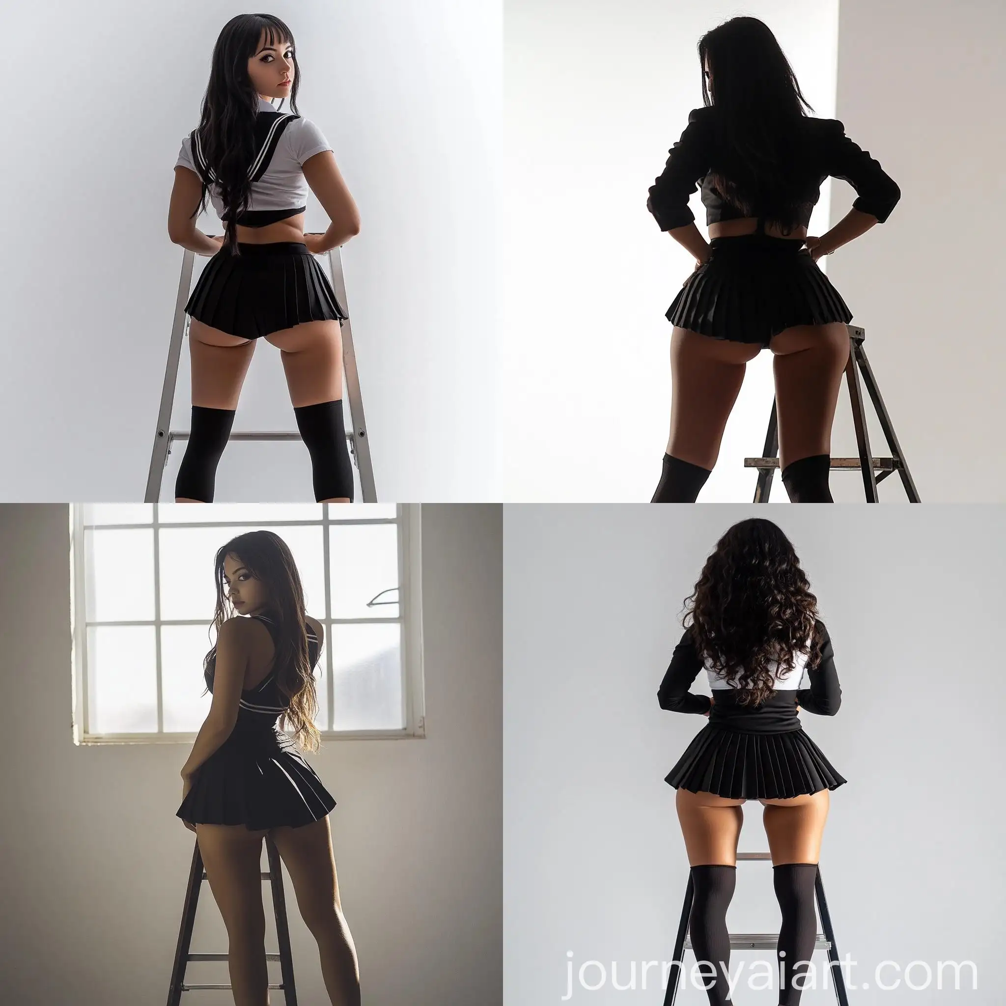 Brazilian-Woman-in-School-Seifuku-Uniform-Posing-on-Ladder