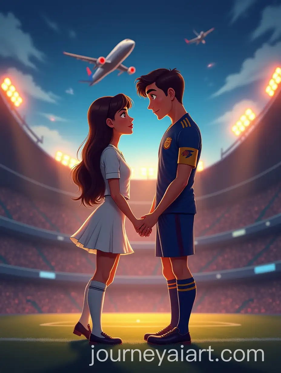 Cartoon-Stage-with-Vintage-Touch-Featuring-Intimate-Moment-Between-Female-Pilot-and-Male-Soccer-Player