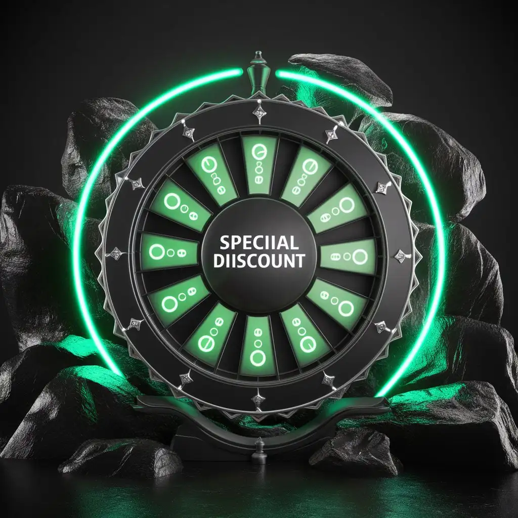 3D-Black-Fortune-Wheel-with-Green-Neon-Discount-Percentages-on-Black-Rocks