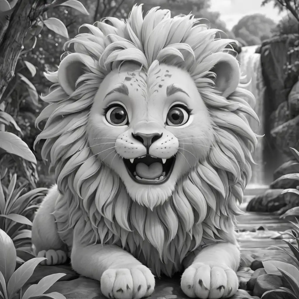 Whimsical Childrens Coloring Page Cute Lion and Llama in Savannah with Waterfalls and Ladybugs