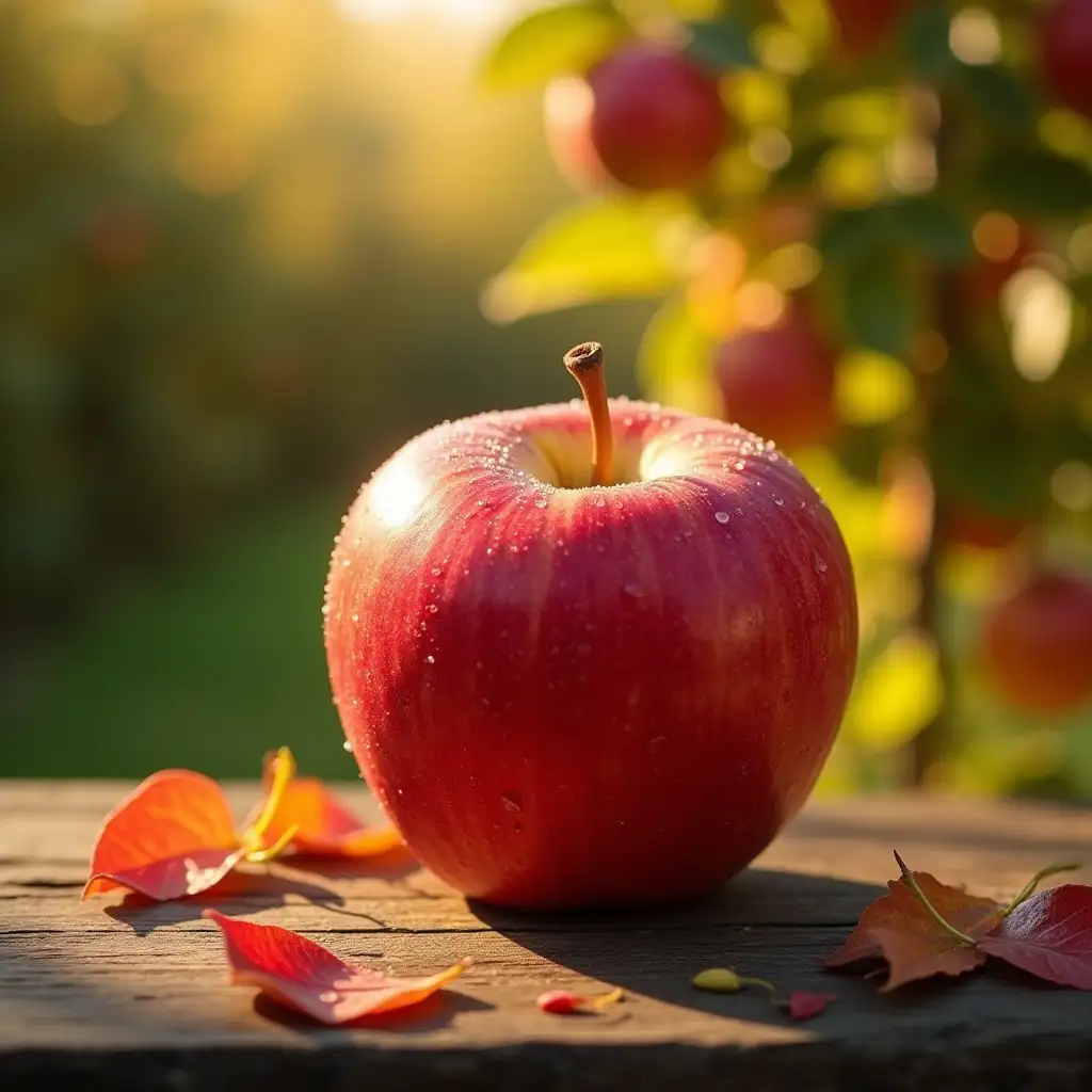 A striking mango red apple rests invitingly on a rustic wooden table, its surface gleaming under the warm glow of the afternoon sun. The apple’s skin is smooth and flawless, boasting a rich crimson hue that transitions to a subtle amber at the tip, where a tiny stem protrudes prominently. Small drops of dew cling delicately to its surface, making it appear freshly picked, as if it had just been harvested from a sun-drenched orchard.nSurrounding the apple are scattered leaves, in shades of deep green and bright yellow, that evoke the crispness of an autumn day. In the background, a blurred image of an apple tree stands tall, its branches heavy with ripe, juicy fruits, creating a picturesque scene. This apple, vibrant and wholesome, hints at its sweetness and tartness, promising a delightful crunch with each bite. Its presence is not just a treat for the eyes, but a symbol of health and vitality, reminiscent of childhood snacks and the simple pleasures of nature’s bounty.