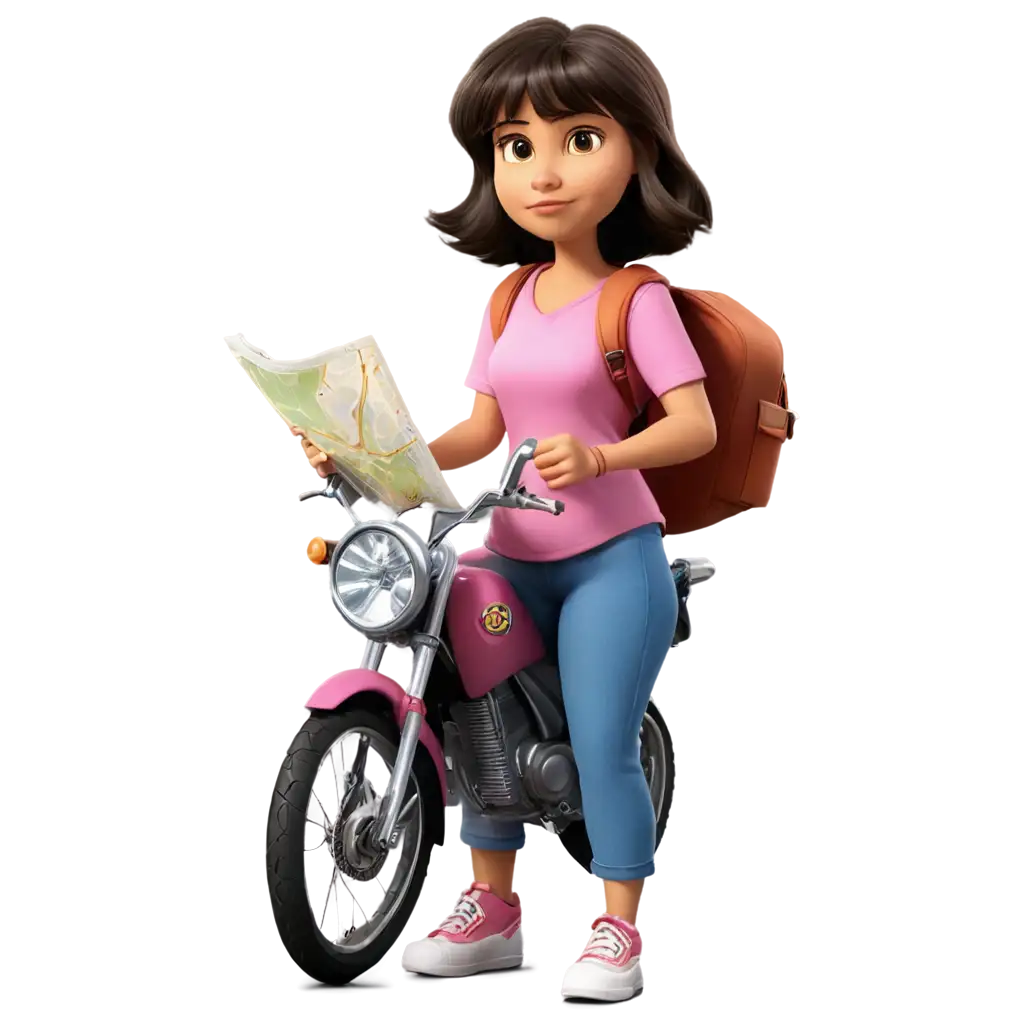 Dora-Cartoon-Character-with-Rumpled-Map-on-Motorcycle-PNG-Perfect-for-Creative-Projects