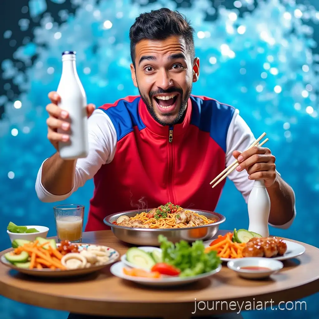 Young-Arab-Man-Enjoying-Colorful-Asian-Meal-withAI-Image-Prompt-Expansion-Soda-and-Hot-Pot