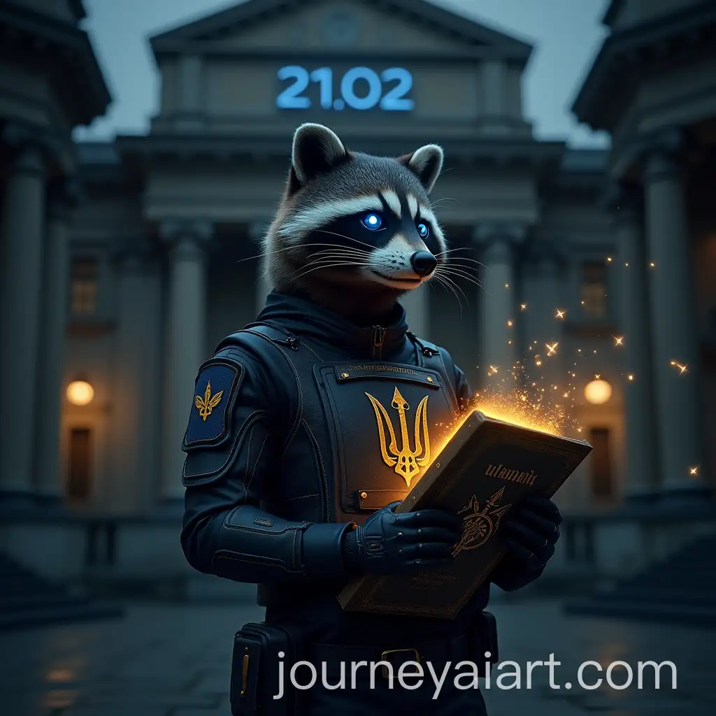 Cybernetic-AI-Raccoon-in-Front-of-Kyiv-Library-with-Holographic-Ukrainian-Cyrillic-Letters