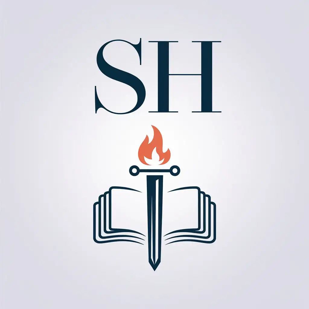 LOGO Design for SH Sword Fire and Book Symbol in Minimalistic Style for Religious Industry