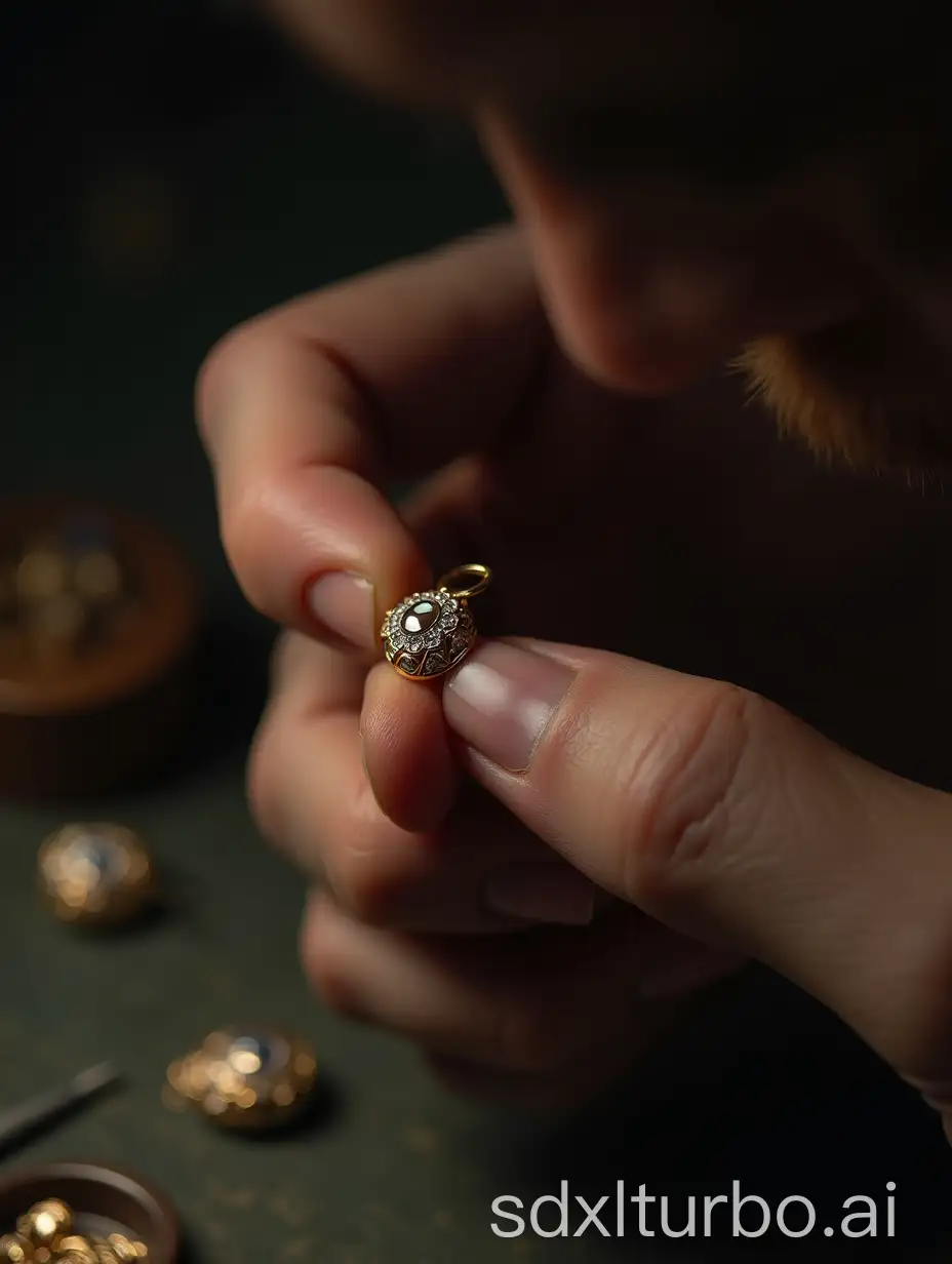 an artist in his workshop while crafting a small jewelry piercing in gold jewelry set with zirconium decorated with love by the artist I do not want the face of the artist to be seen but only his hands