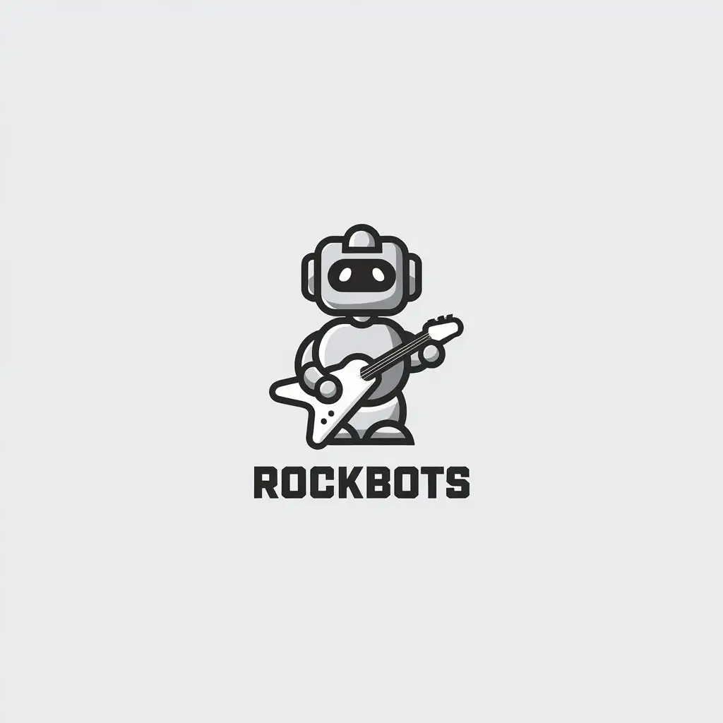 LOGO Design for ROCKBOTS Minimalistic White Robot with Guitar on Black Background for Internet Industry