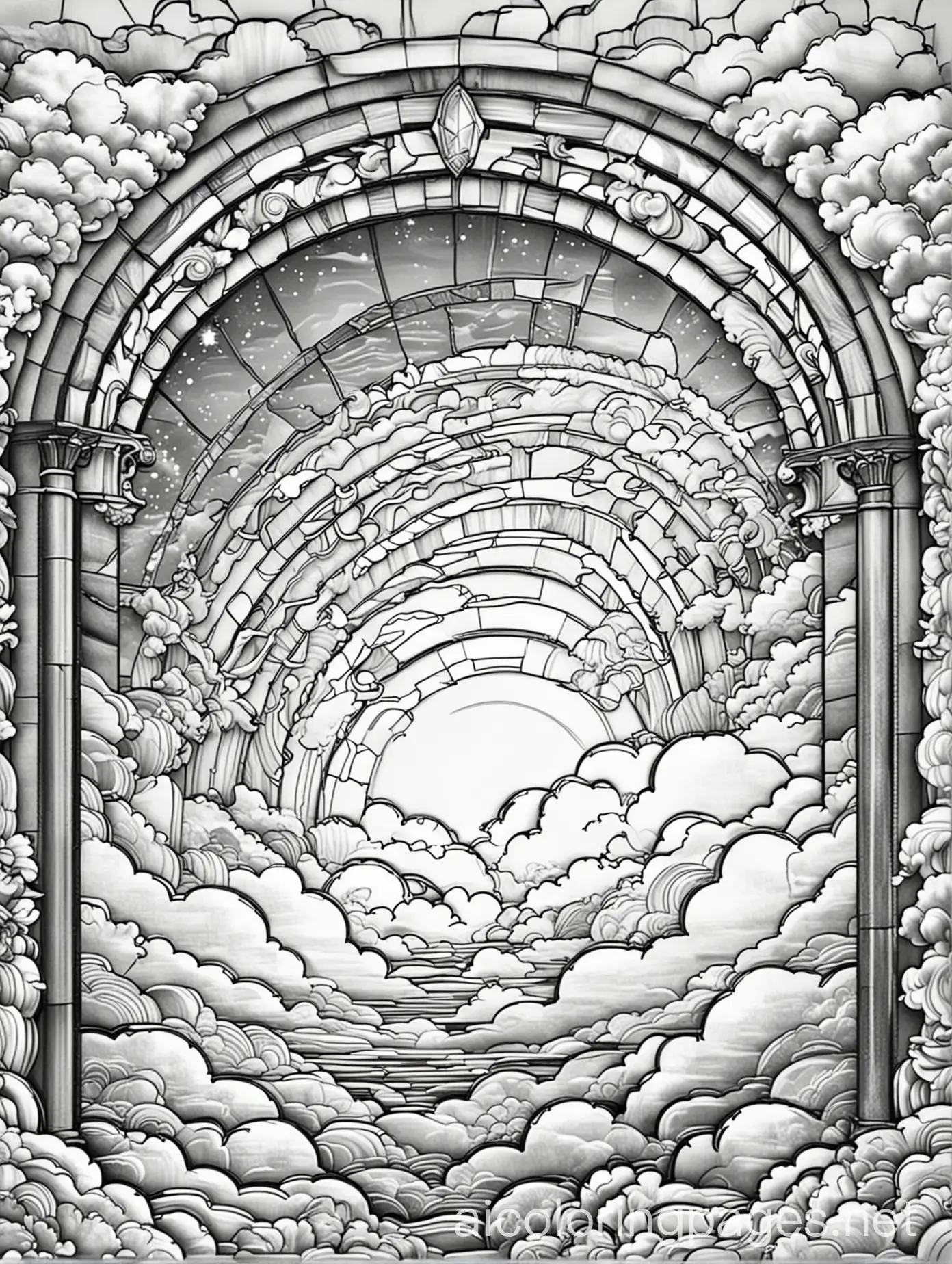 Line art black and white stained glass window of a rainbow arching across the sky with fluffy clouds, Coloring Page, black and white, line art, white background, Simplicity, Ample White Space. The background of the coloring page is plain white to make it easy for young children to color within the lines. The outlines of all the subjects are easy to distinguish, making it simple for kids to color without too much difficulty